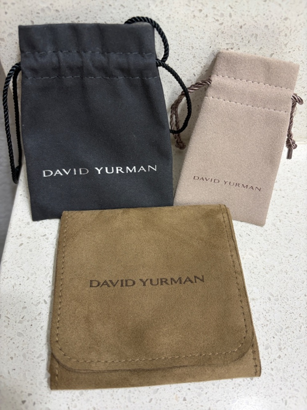 David Yurman Black, Taupe and Brown Suede Pouch Trio
